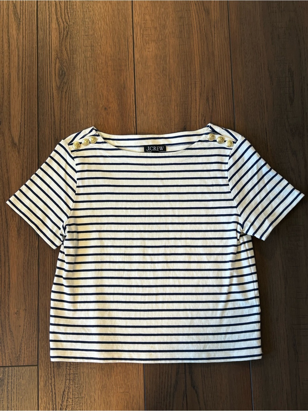 J. Crew Stripped Sailor Tee Gold Button Shoulder Blouse, Europe Trip Sz S - Picture 2 of 7